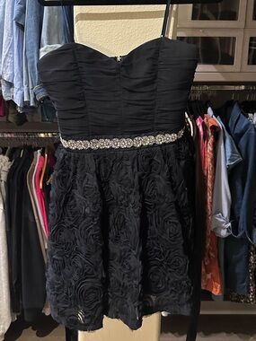 Navy Blue Rosette Mini Party Dress with Embellished Waist (Prom, Homecoming)